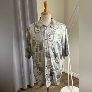 AMARO SILK SHIRT SHIRT MEN'S XL GRAY FLORAL AIRPLANE VACATION BUTTON UP